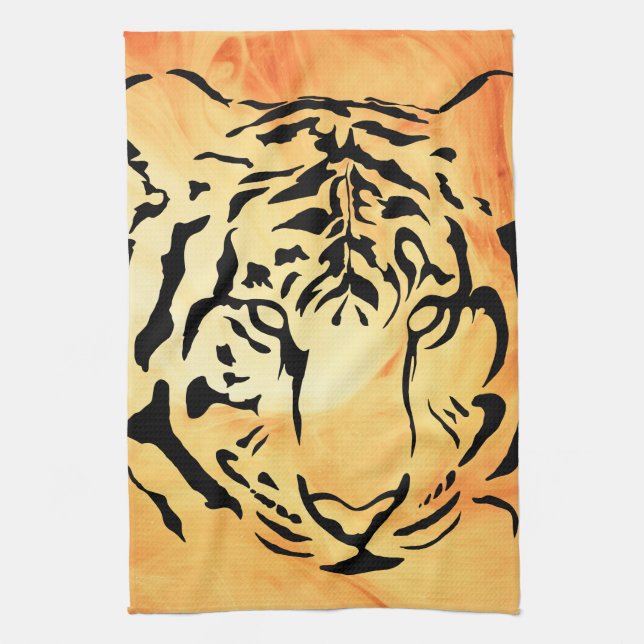 Svart, strimlad tigger på Orangen Fiery Kökshandduk (Vertikal)