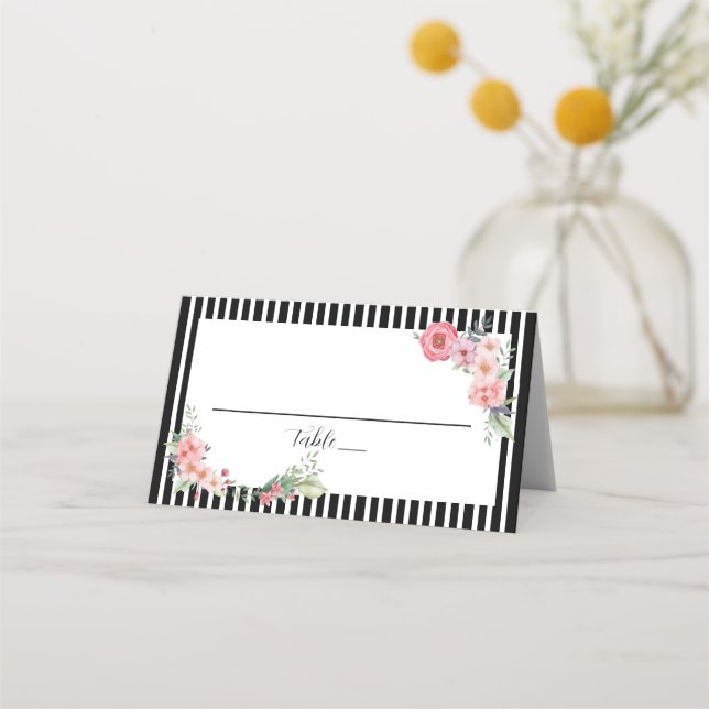 Svart strippad Blommigt Placeringskort (Framsida)