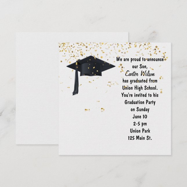 Svart Studentmössa med Guld Confetti Inbjudningar (Fram/baksida)