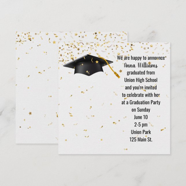 Svart Studentmössa med Guld Confetti Inbjudningar (Fram/baksida)