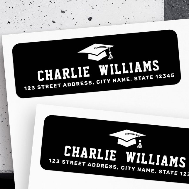 Svart studentmössa, returadress returadress etikett (Black graduation cap return address label)