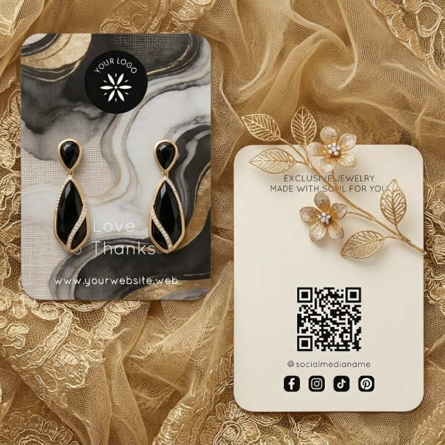 Svart Stylish Whimsical Smyckesdisplay TMF26 Visitkort (Stylish Modern Whimsical Black Marble Effect Jewelry Display Card with QR Code and Social Media Icon)