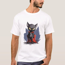 Svart Superhjälte Katt med Röd Cape T-Shirt