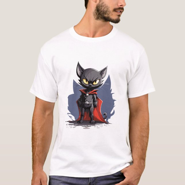 Svart Superhjälte Katt med Röd Cape T-Shirt (Framsida)