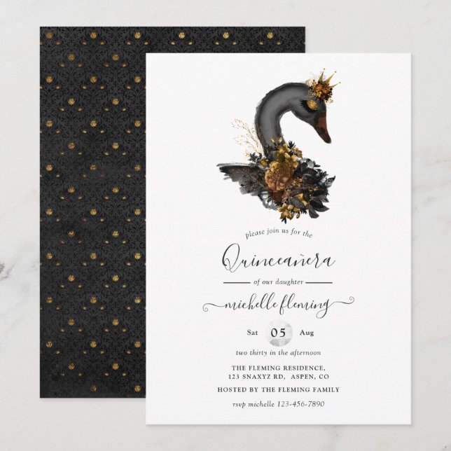 Svart svan Quinceañera-inbjudan Inbjudningar (Fram/baksida)