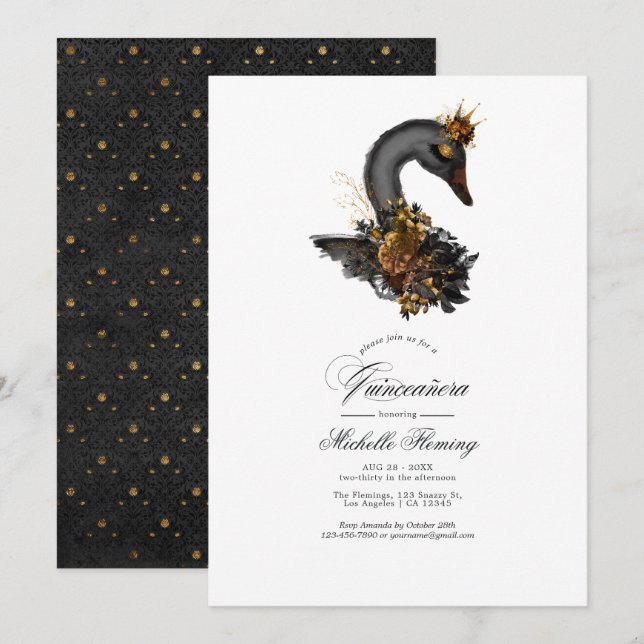 Svart Svan Quinceañera Inbjudningar (Fram/baksida)