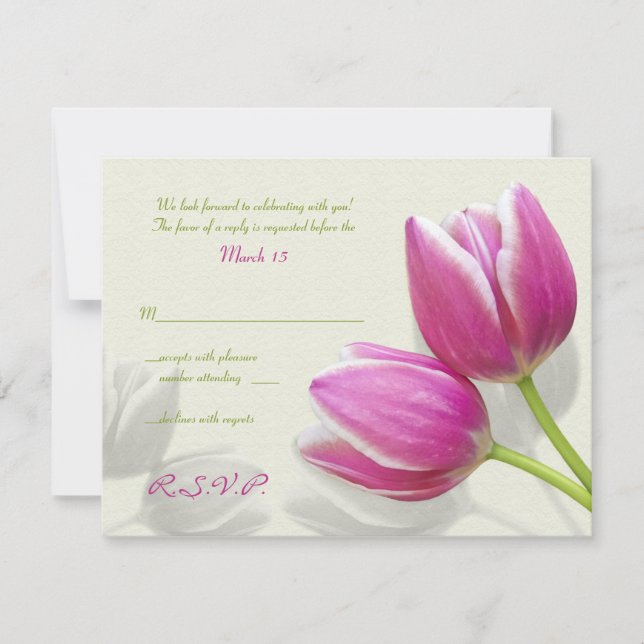 Svart svarskort för bröllopsinbjudan med rosa tulp OSA kort (Framsida)