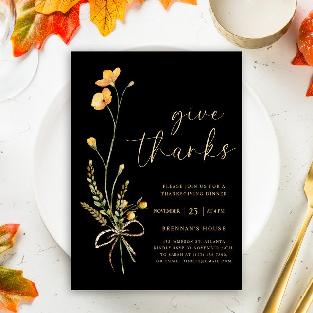 Svart, svart, Blommigt, Thanksgiving, middag Inbjudningar (Black Wildflower Thanksgiving Dinner Invitation)