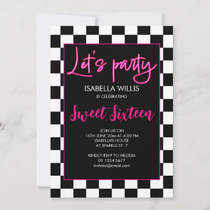 Svart, svart, shock rosa, vit, lets party Sweet 16 Inbjudningar