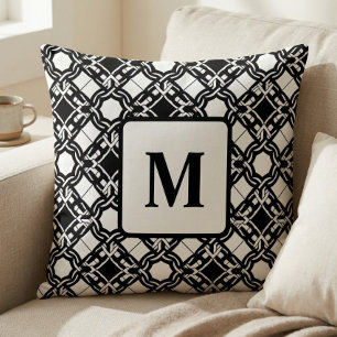 Svart Svart Vitt Art Deco Monogrammönster Kudde