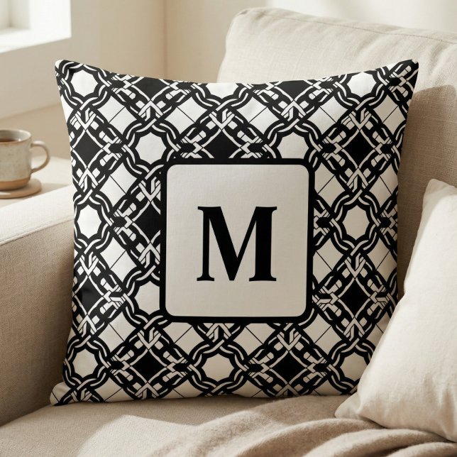 Svart Svart Vitt Art Deco Monogrammönster Kudde (Skapare uppladdad)