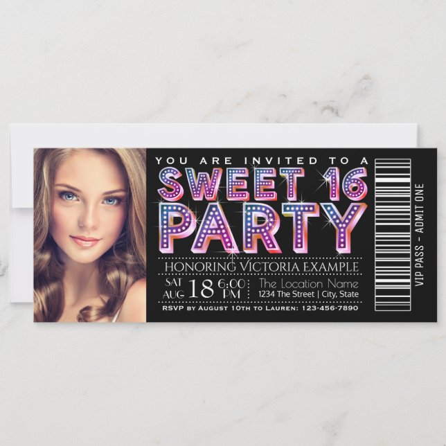 Svart Sweet 16 födelsedagsfest inbjudan (Framsida)