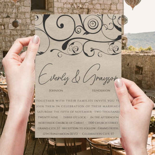 Svart Swirl-bröllopsinbjudningar Inbjudningar (Skapare uppladdad)