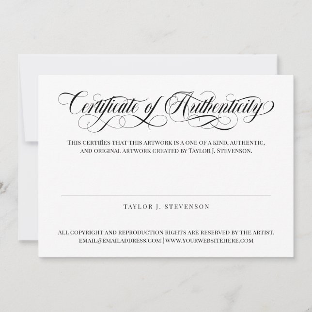 Svart Swirly Script Certificate of Authenticity (Framsida)