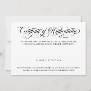 Svart Swirly Script Certificate of Authenticity