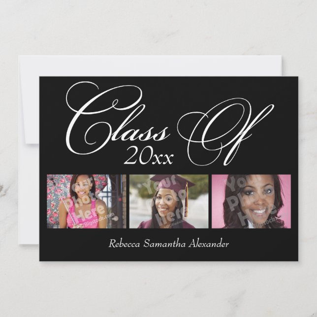 Svart Swirly-skript, 3-foto-Studenten Inbjudningar (Framsida)