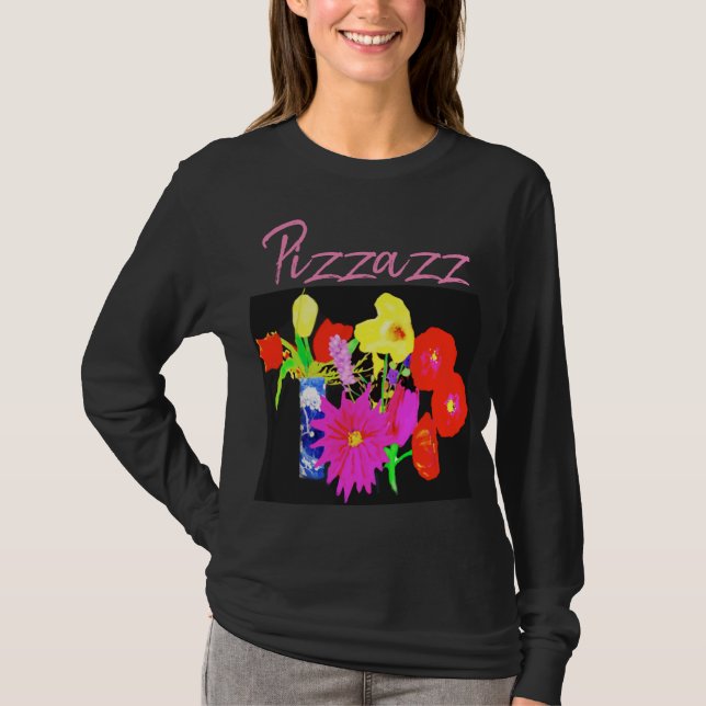 Svart T-shirt med blommor av konstnär (Framsida)