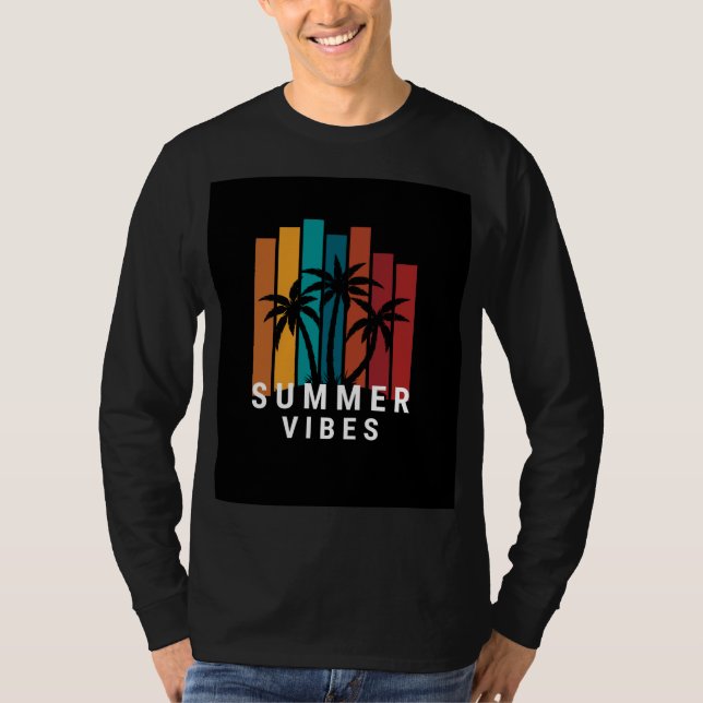 svart T-shirt med hel ärm och sommarvibbar-design (Framsida)