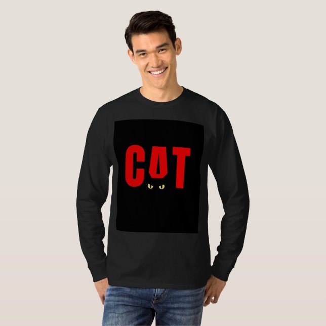 Svart T-shirt med kattdesign i hel långärmad stil (Hel framsida)
