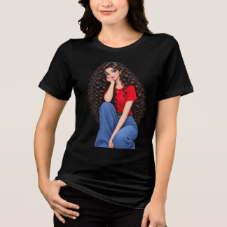 Svart T-Shirt med Stilig Flickkonst