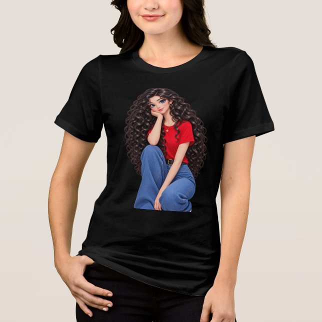 Svart T-Shirt med Stilig Flickkonst (Framsida)
