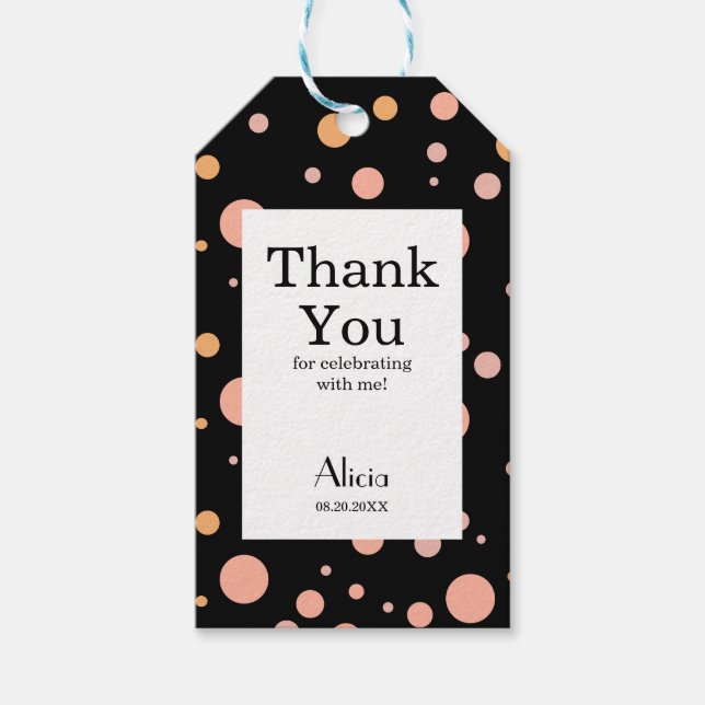 Svart Tack för enkel Rosa och persikopolka Presentetikett (Framsidan)
