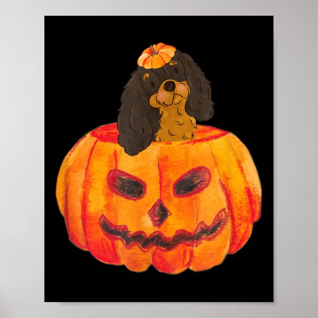 Svart Tan Cavalier Hund Glad Halloween Pumpa Poster (Framsidan)