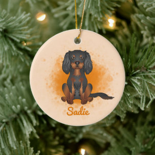 Svart & Tan Cavalier King Charles Hund På Orange Julgransprydnad Keramik