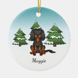 Svart Tan Cavalier King Charles Spaniel På Vinter Julgransprydnad Keramik