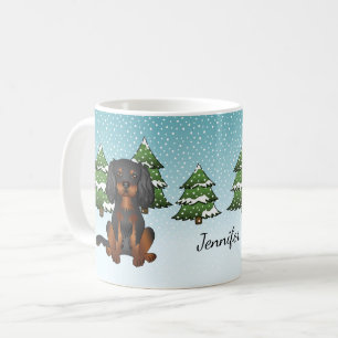 Svart Tan Cavalier King Charles Spaniel På Vinter Kaffemugg