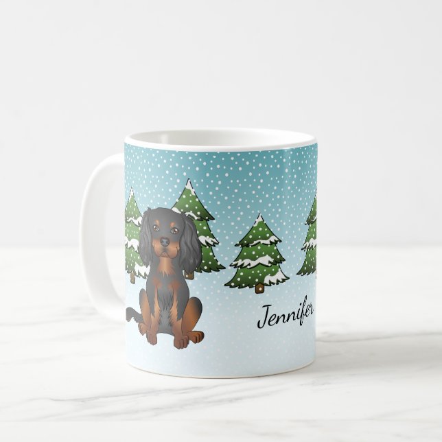 Svart Tan Cavalier King Charles Spaniel På Vinter Kaffemugg (Framsida vänster)