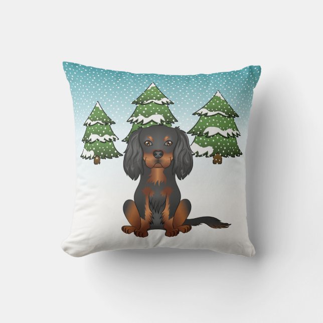 Svart Tan Cavalier King Charles Spaniel På Vinter Kudde (Framsida)