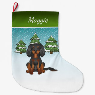 Svart Tan Cavalier King Charles Spaniel På Vinter Stor Julstrumpa