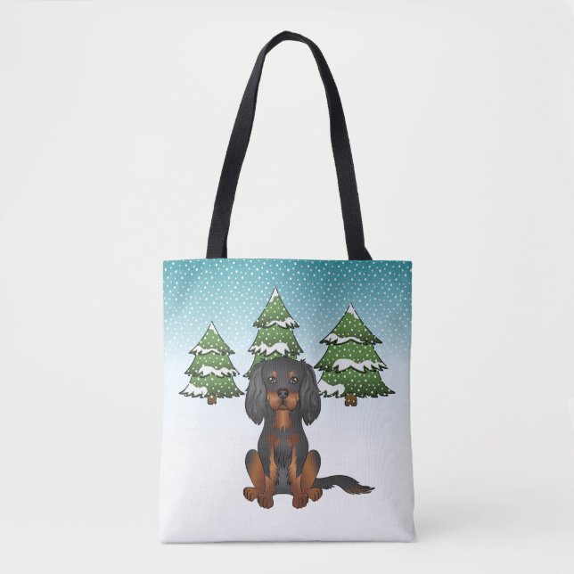 Svart Tan Cavalier King Charles Spaniel På Vinter Tygkasse (Framsida)