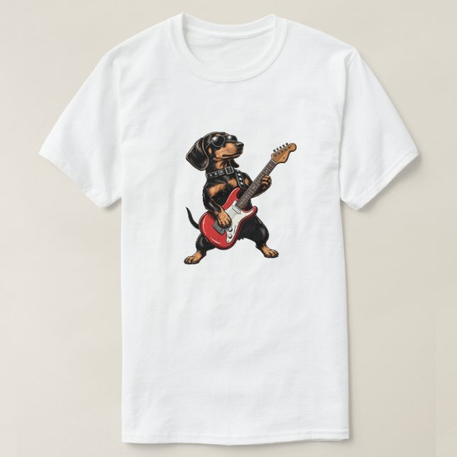 Svart Tan Dachshund Rocker Elgitarr T Shirt (Design framsida)