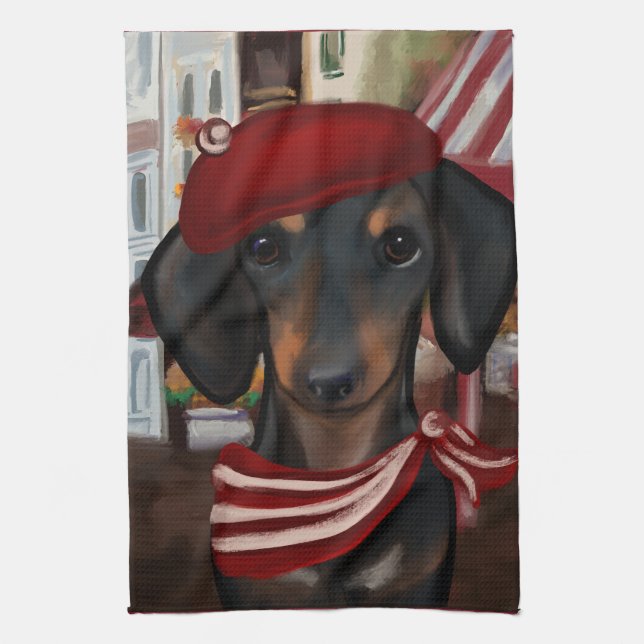 Svart & Tan Doxie Kökshandduk (Vertikal)