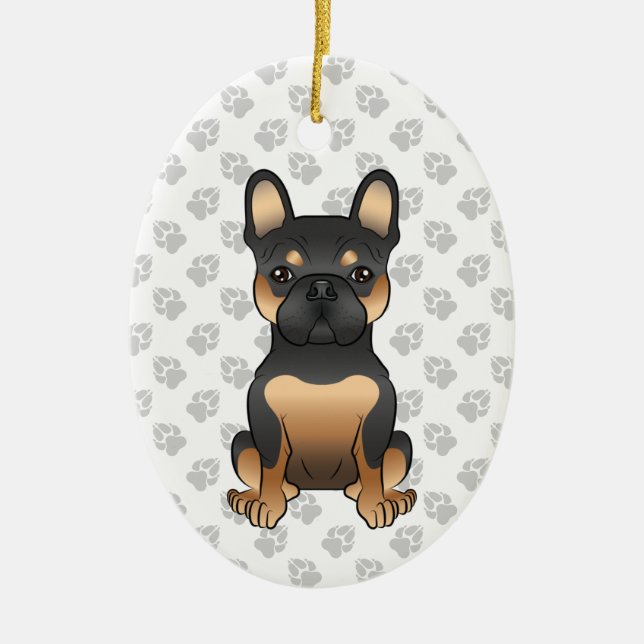Svart & Tan fransk Bulldog / Frenchie Hund & Text Julgransprydnad Keramik (Framsidan)