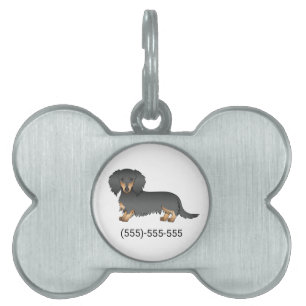 Svart & Tan Långhårig Dachshund Hund & Nummer ID-bricka Husdjur