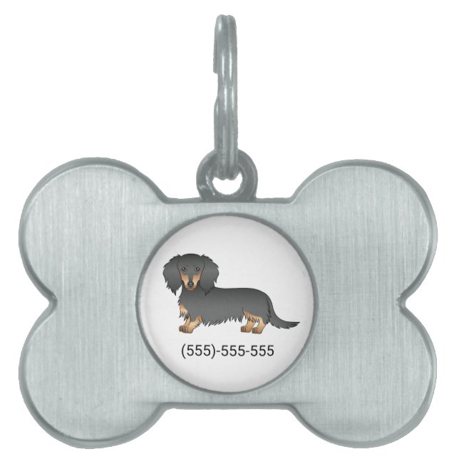 Svart & Tan Långhårig Dachshund Hund & Nummer ID-bricka Husdjur (Framsidan)