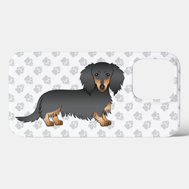 Svart & Tan Långhårig Dachshund Tecknad Hund & Tas (Baksida (horisontell))