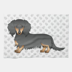 Svart & Tan Långhårig Dachshund Tecknad Hund & Tas Kökshandduk