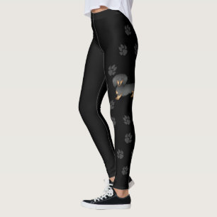 Svart & Tan Långhårig Dachshund Tecknad Hund & Tas Leggings