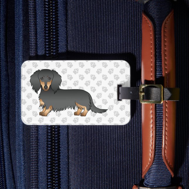 Svart & Tan Långhårig Dachshund Tecknad Hund & Tex Bagagebricka (Framsida Insitu 4)