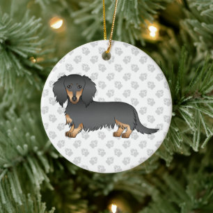 Svart & Tan Långhårig Dachshund Tecknad Hund & Tex Julgransprydnad Keramik
