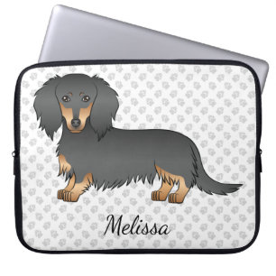 Svart & Tan Långhårig Dachshund Tecknad Hund & Tex Laptop Fodral