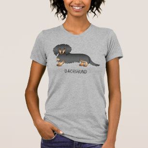 Svart & Tan Långhårig Dachshund Tecknad Hund & Tex T Shirt