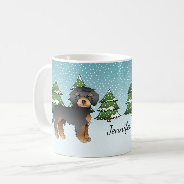Svart & Tan Mini Goldendoodle Hund - Vinter Skog Kaffemugg (Framsida vänster)