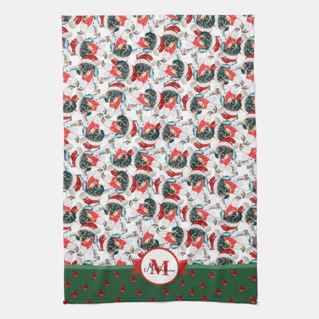 Svart Tan Piebald Dachshund Monogram Jul Hund Kökshandduk (Vertikal)