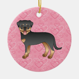 Svart & Tan Rottweiler På Rosa Hjärtan Husdjur Min Julgransprydnad Keramik