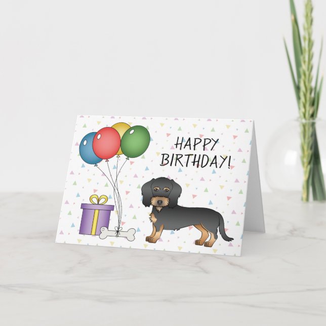 Svart & Tan Trådhårig Dachshund Glad Födelsedag Kort (Framsida)